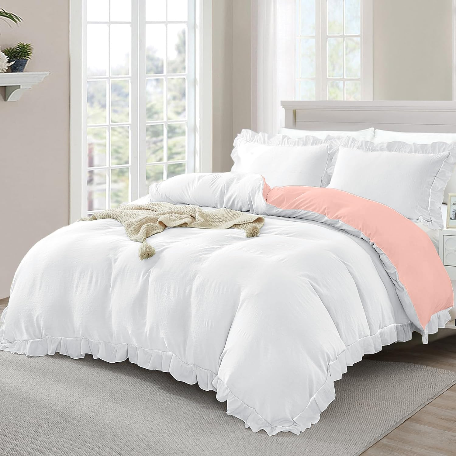 Pink White Duvet Cover Sets for Girls Women Ruffle Frills Bedding Set with 2 Pillowcases, Soft Microfiber,King 220 x 230 cm — image 1