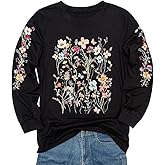 Women's Sleeve Print Flowers T-Shirt Casual Long Sleeve Boho Wildflowers Vintage Botanical Floral Nature Tees Tops