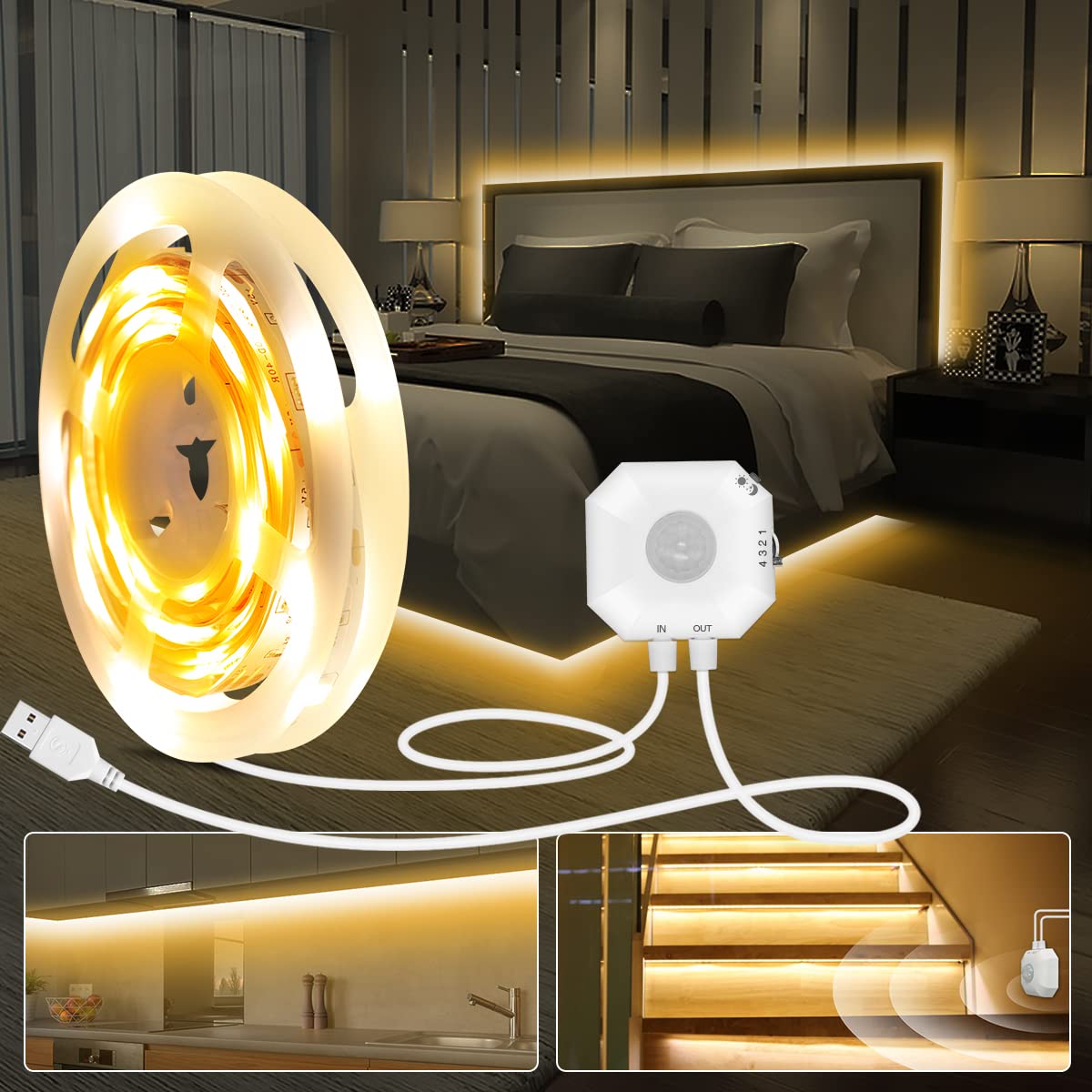 Daymeet Motion Sensor LED Strip Lights, 5M Motion Activated Under Bed Lights Night Lights Indoor 3000K Cupboard Kitchen Lighting Under Cabinet Light for Stair, Hallway, Bedroom,(Warm White) NO APP