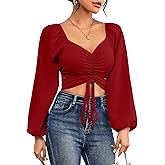 Rooscier Women's Drawstring V Neck Ruched Lantern Long Sleeve Tie Back Crop Top Blouse
