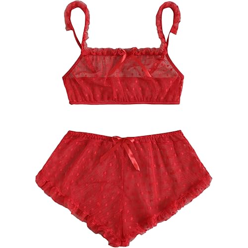WDIRARA Women's Sexy Polka Dots Mesh Frill Spaghetti Strap Lingerie Set