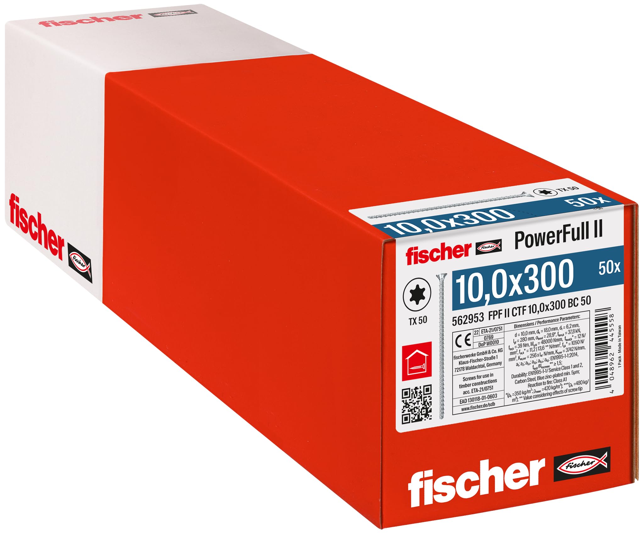 fischer PowerFull II 10.0 x 300 Premium Fully Threaded Screw (Pack of 50) with Innovative Tip Geometry, Steel Screw for Load-bearing Wood Structures with Countersunk Head, Reduces Splitting Risk — image 1