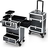 Hododou Rolling Makeup Case Cosmetic Travel Trolley Storage Sliding Drawer 4 Tray Makeup Travel Case with Wheels Salon Barber Case Traveling Cart Trunk for Cosmetologist Nail Tech Hairstylist Black