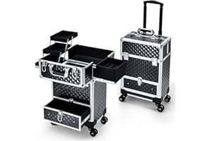 Hododou Rolling Makeup Case Cosmetic Travel Trolley Storage Sliding Drawer 4 Tray Makeup Travel Case with Wheels Salon Barber Case Traveling Cart Trunk for Cosmetologist Nail Tech Hairstylist Black
