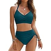 Blooming Jelly Womens High Waisted Bikini Sets Drawstring Tummy Control Swimsuits Crisscross Tie Back Bathing Suit