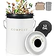 White 1.3 Galion Indoor Compost Bin Kitchen Odorless with Lid for Composting Food Waste Bucket for Counters, Stainless Steel Kitchen Compost Bin Countertop Trash Can Scrap Container Composter Caddy