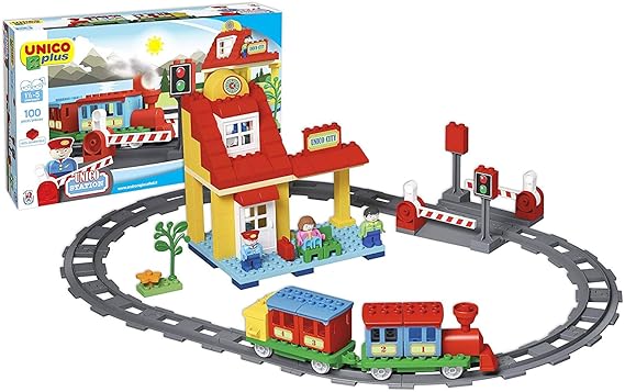 Unico Plus Konstruktionsbausteine Eisenbahn Zug mit Platte in Box