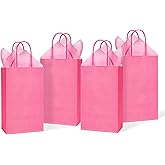DjinnGlory 24 Pack Small Hot Pink Paper Gift Bags with Handles 9x5.5x3.15 Inch and 24 Tissue Paper for Business Birthday Wedding Bridal Shower Mother's Day New Moms Birthday Party Supplies