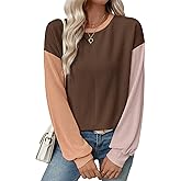 EVALESS Womens Long Sleeve Tops Fall Fashion 2026 Crewneck Color Block Ribbed Knit Casual Loose Fit Pullover Shirts