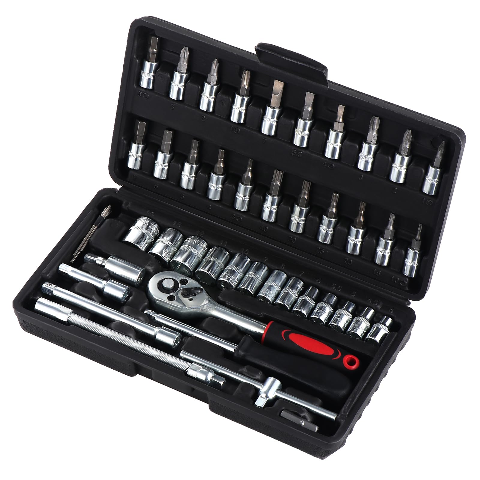 46PCS Ratchet Socket Set 1/4" Drive Socket Wrench Set with Bit Extension Bar Metric Ratchet Wrench Tool for DIY Car Repair