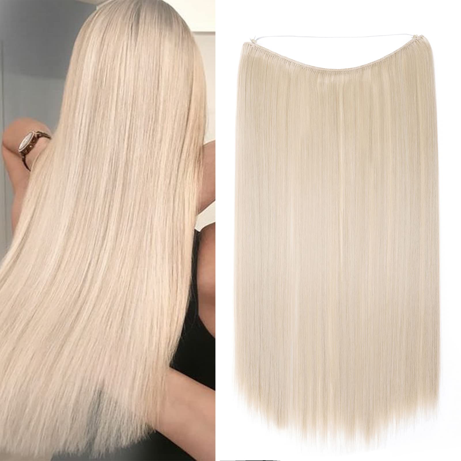 20 Inches Straight Hair Extensions Secret Headband No Clip Easy Invisible Crown Wire in Hair Extensions Hairpiece for Women Bleach blonde