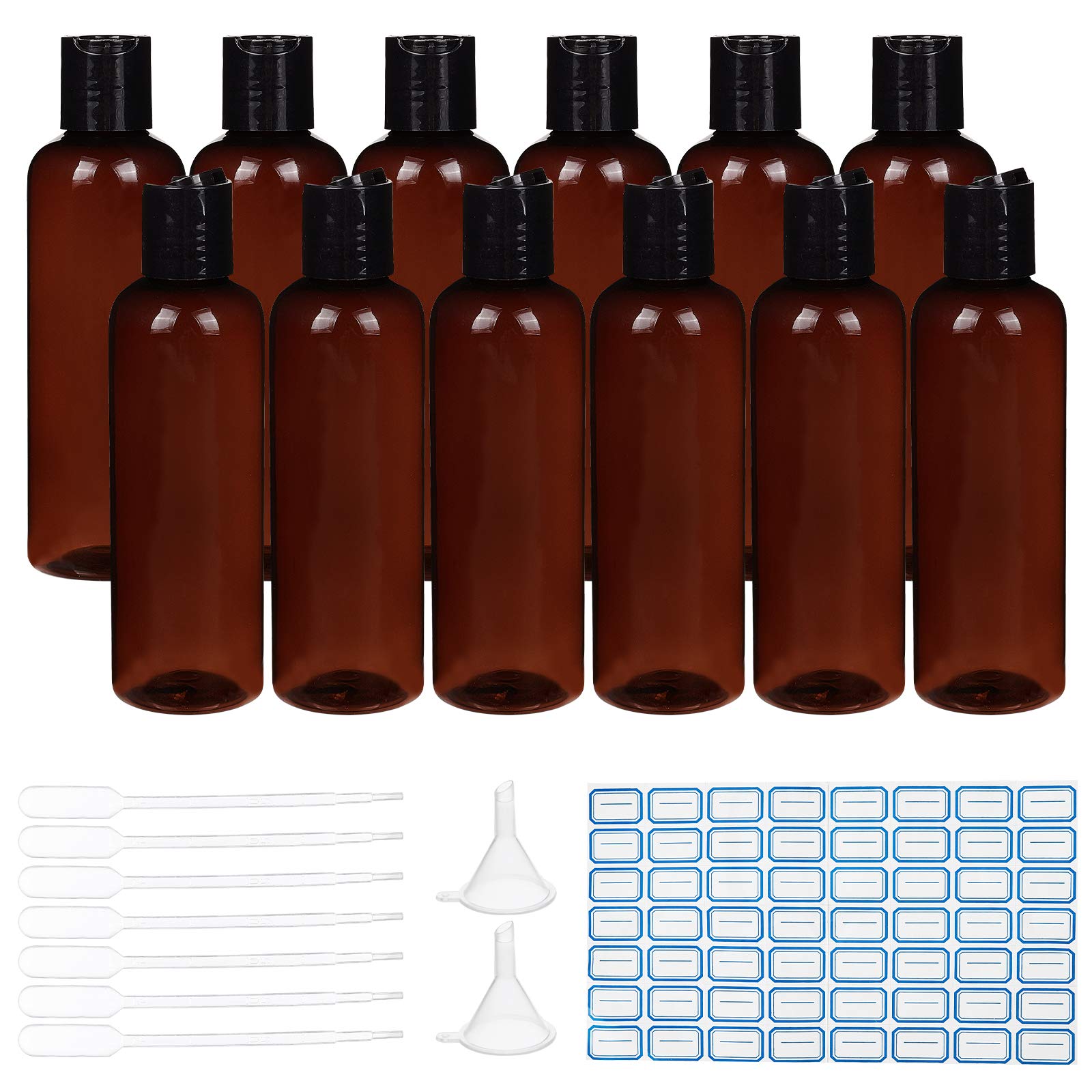 BENECREAT 10 Pack 200ml Empty CoconutBrown Plastic Travel Bottle with Black Disc Cap Air Flight Cosmetic Bottles with Pipettes, Funnel, Labels for Toiletries Shampoo Cosmetic Liquid