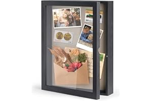 SZQINJI 11x14 Shadow Box Frame Memory Box Flower Shadow Box Display Case with Linen Back Glass Magnetic Door for Memorabilia Awards Medals Photos Rustic Black Wall and Tabletop