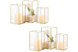 Inweder Glass Hurricane Candle Holder: 6 Pcs Gold Large Rectangular Hurricane Candleholder Lantern Centerpieces for Tables Glass Decorative Lantern Candle Holder for Wedding Christmas Home Decor