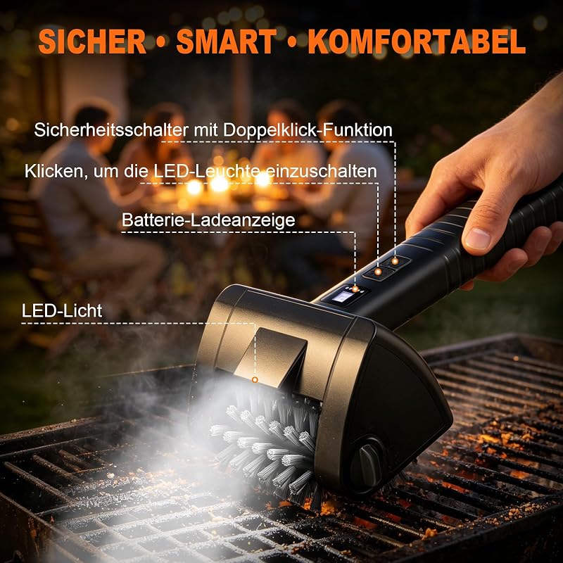 Elektrische Grillbürste Kabellos 4000mAh Akku 304 Edelstahl für Grillrost
