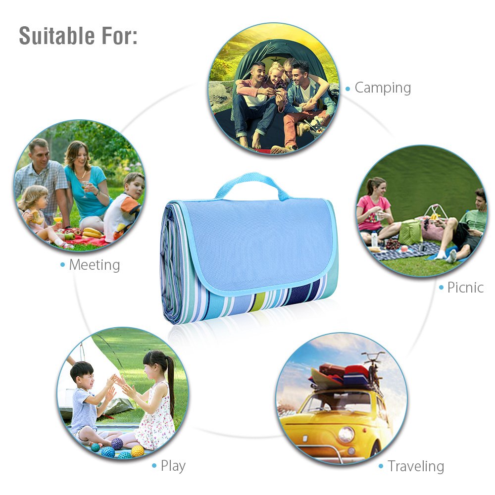 isYoung 145*200 cm Picnic Blanket Waterproof and Durable PVC Picnic Pad Suit for Camping and Beach (Blue)