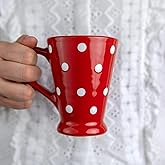 City to Cottage Handmade Red and White Polka Dot Ceramic Coffee, Tea, Latte Mug, Cup with Large Handle, Unique 7 oz / 200ml Designer Pottery for Tea Lovers