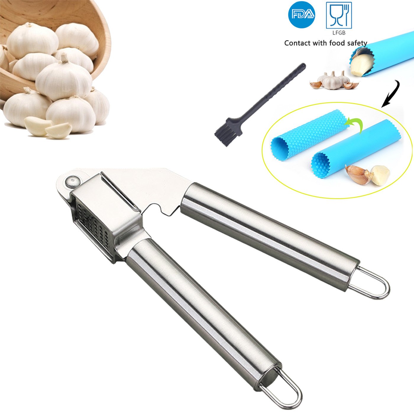 Stainless Steel Garlic Mincer Crusher with Silicone Tube Roller