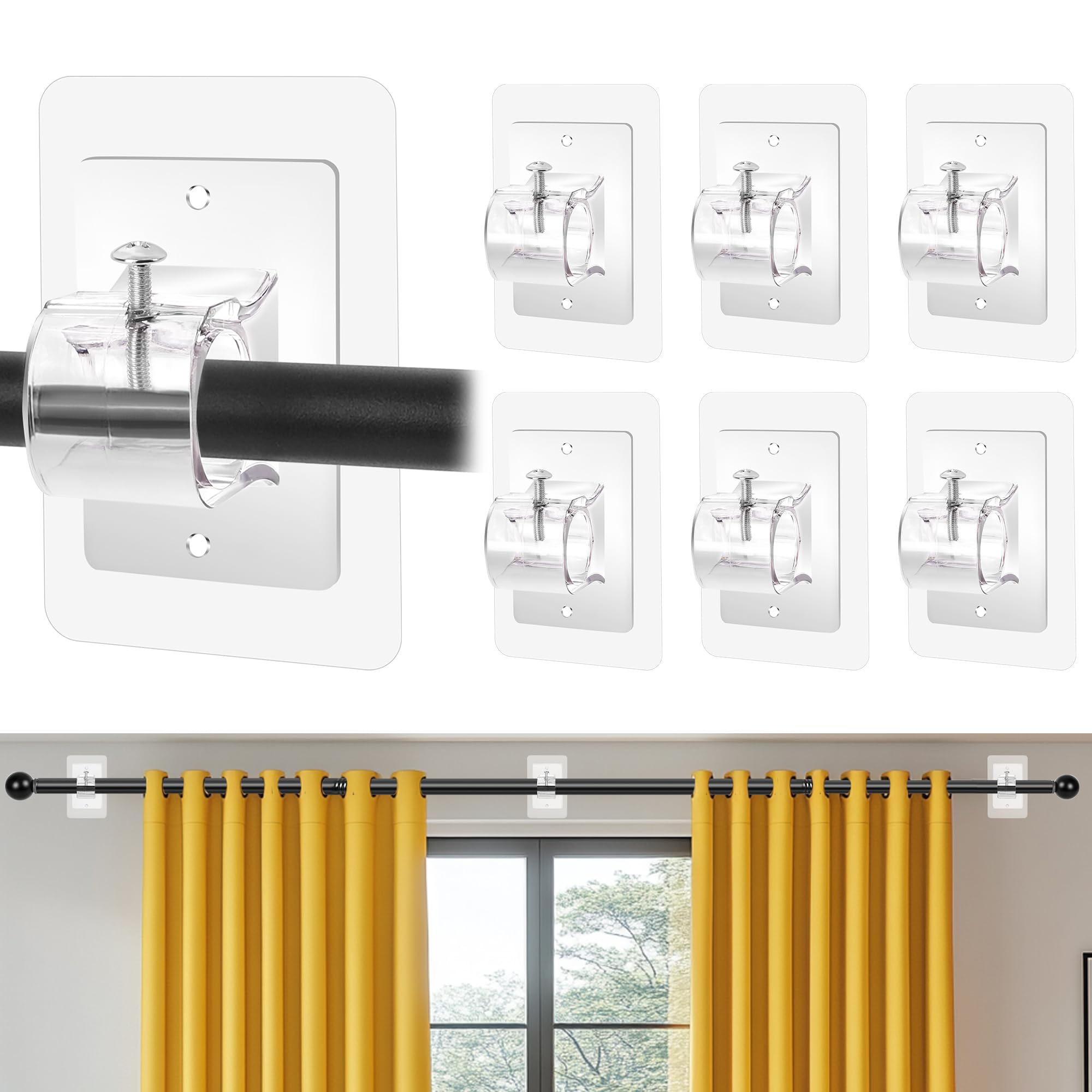Photo 1 of 6PCS Self Adhesive Curtain Rod Holder No Drilling,No Drill Curtain Rod Brackets,Renter Friendly Draper Rod Hook,Nail Free Adjustable Non Screw Drapery Pole for Apartment Window Wall Door Ceiling Mount