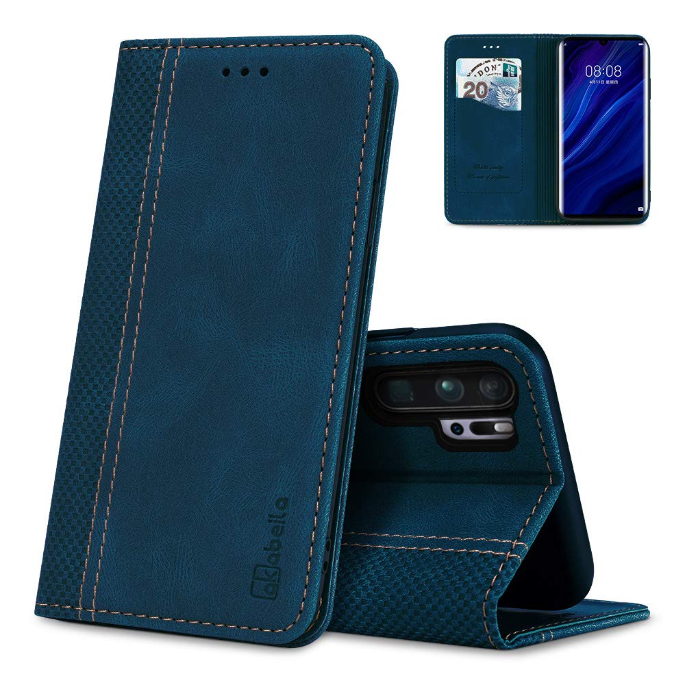AKABEILA Case for Huawei P30 Pro Premium Leather Flip Wallet Case with Magnetic Closure Kickstand Card Slots Folio Phone Cover Protective Screen Protector Holster Shell Shockproof Blue