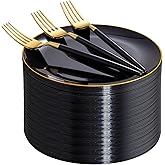 I00000 144Pcs Black and Gold Dessert Plate Set, Including 72Pcs Black and Gold Plastic Plates 7.5" and 72Pcs Disposable forks 8.5", Fancy Salad Plates with Gold Rim for Thanksgiving and Party