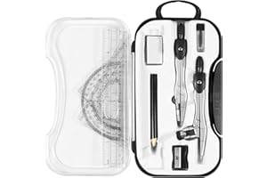 Vobou 10 Pieces Math Geometry Kit Set Student Supplies with Shatterproof Storage Box,Includes Rulers,Protractor,Compass,Eraser,Pencil Sharpener,Lead Refills,Pencil,for School and Drawings（Black）