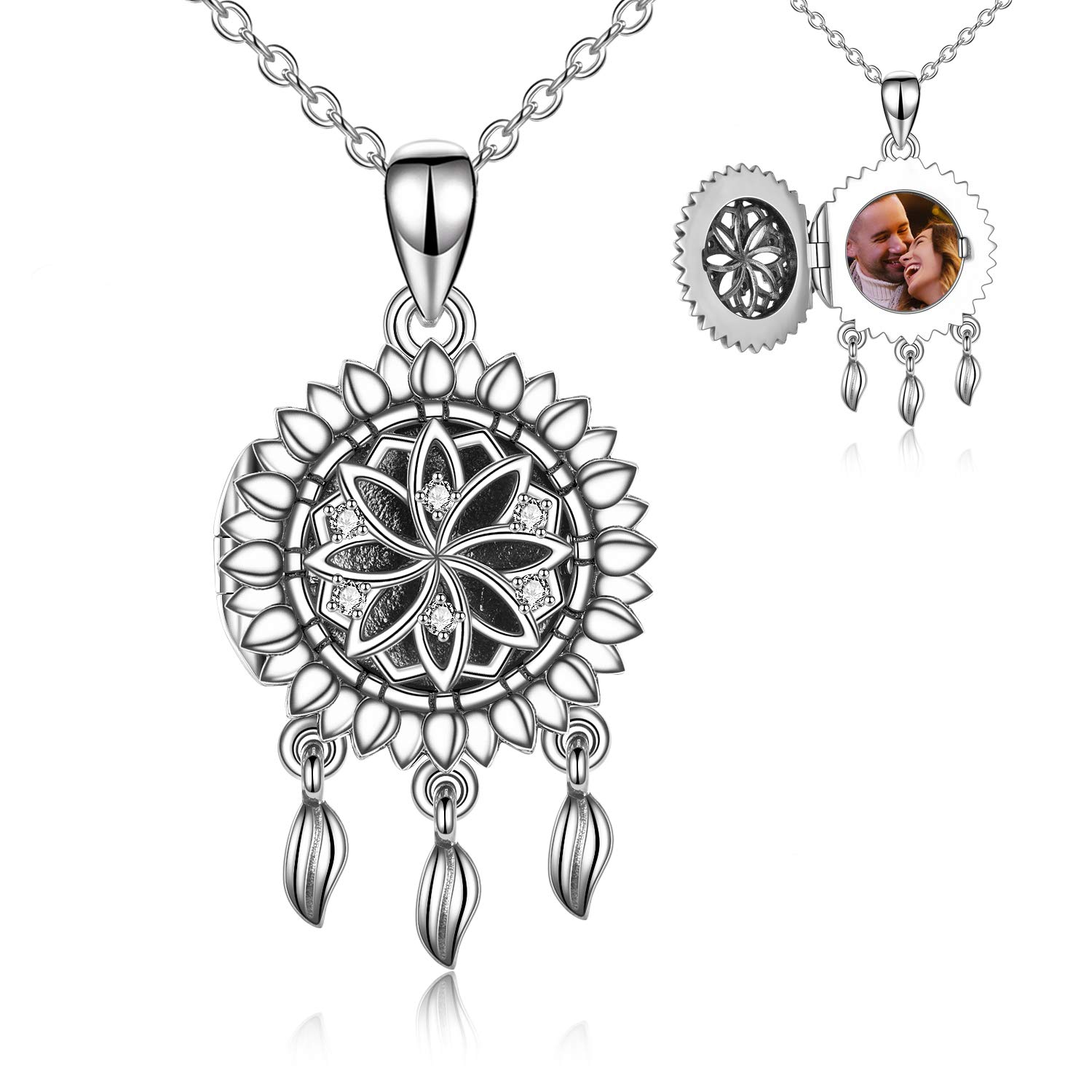 YFN Feather Necklaces Dream Catcher Dangle 925 Sterling Silver Hold Photo Pictures Necklaces Women Girls