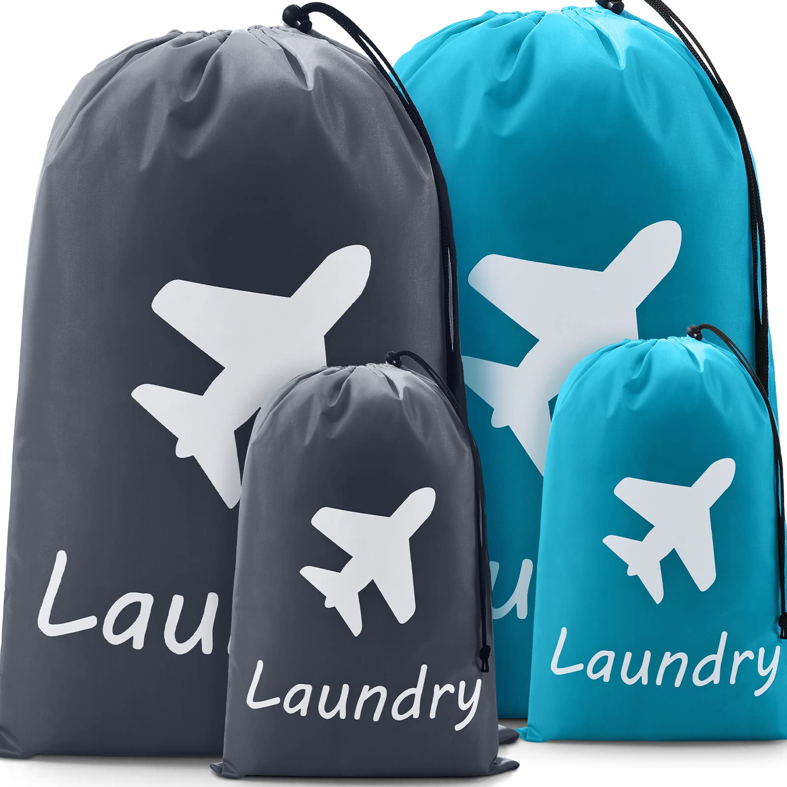 4 PiecesTravel Laundry Bags, Travel Organizer Bag with Nylon Drawstring Machine Washable Dirty Clothes Organizer Blue Grey Laundry Mat Bags Travel Accessories for Hamper Basket Camp Home College Dorm