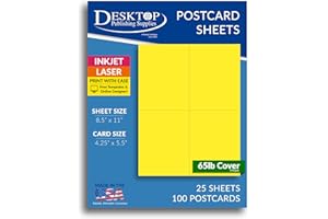 Blank Colored 4-up Postcard Paper by Desktop Publishing Supplies - 25 Sheets / 100 Postcards Pack - Printable with Laser or Inkjet Printer - USPS Approved Size - Plain Matte Cardstock (Bright Yellow)