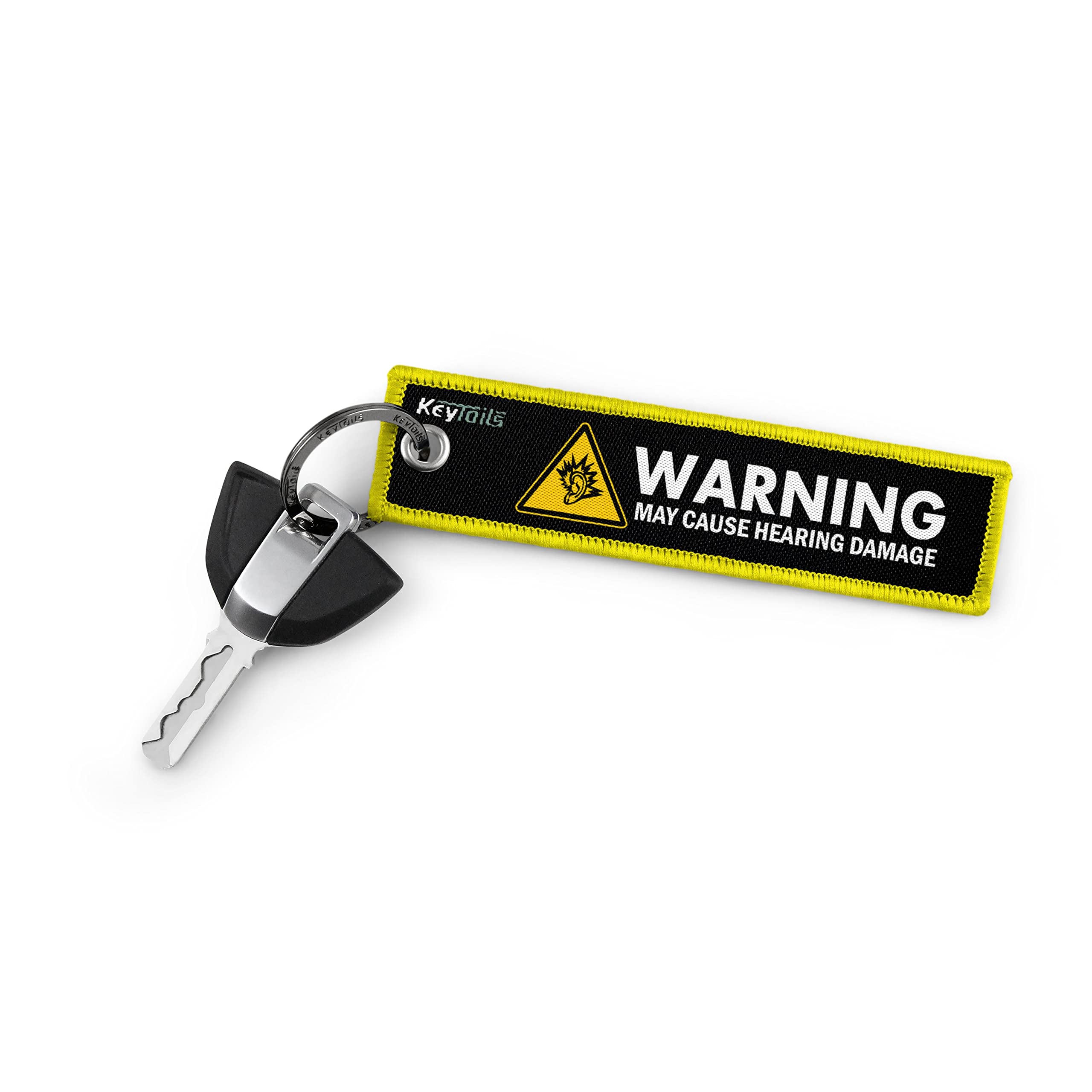 KEYTAILS Keychains, Premium Quality Key Tag for Motorcycle, Car, Scooter, ATV, UTV [Warning May Cause Hearing Damage - Yellow]