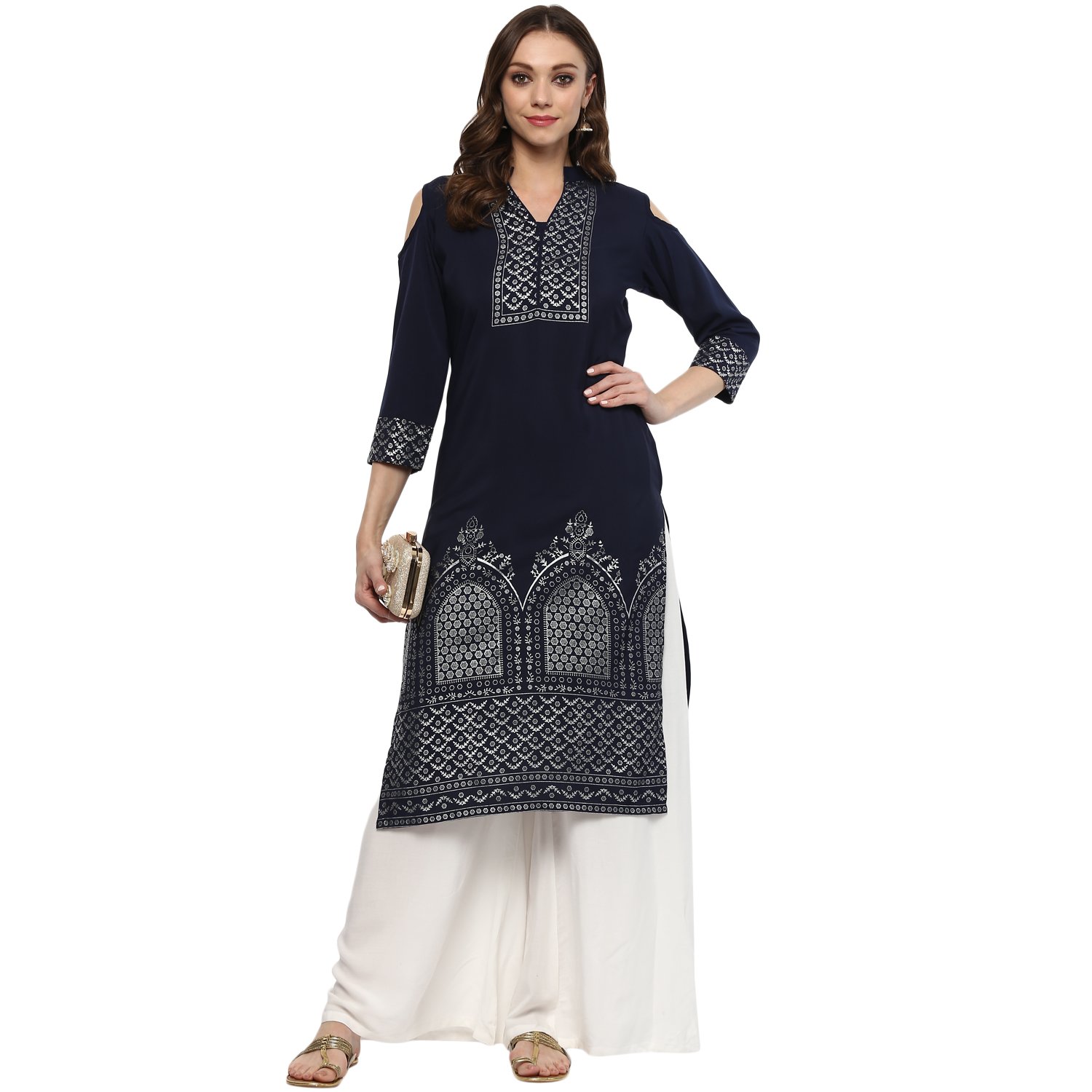 ziyaa women's blue colour straight crepe silver foil print kurta & palazzo set