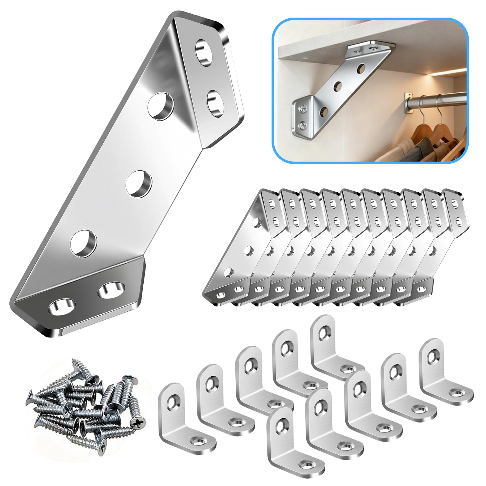 20 Pack Universal Stainless Steel Furniture Corner Connector, Stainless Steel Angle Corner Brackets for Shelf Cabinet Table Chair, Trapeziform Corner Brace Support Bracket Fastener (Silver)