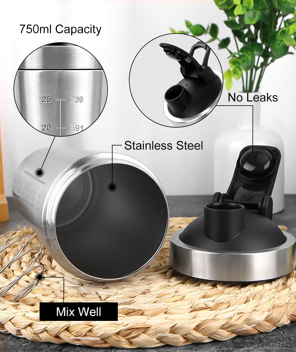 Edelstahl Shaker Proteinshake mit Kugel 750ml Protein Becher Eiweiß Flasche to go Milchshake Blender Metall Bottle, Gym Fitness Sport Shake Schüttler Cup Schüttelbecher Trinkflasche Spülmaschinenfest 4