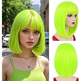 NOTICEME Neon Green Bob Wig with Bangs, Short Straight Costume Neon Green Wig for Women Festival Party Cosplay Daliy Neon Wig Colorful 14 Inch