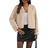 AMZANGEL Women's Faux Fur Cropped Jacket Crew Neck Long Sleeve Oversized Shrugs for Dresses Fluffy Coats Pocket Winter