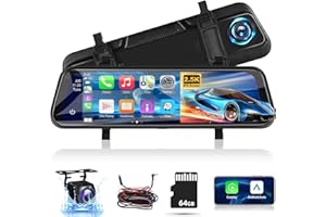 NHOPEEW 9.66 inch Rear View Mirror Camera - Wireless Apple Carplay & Android Auto - 1280 * 720P Dash Cam Front and Rear View Dual 1080P Cameras - Voice Control, Night Vision + Backup Camera + 64GB TF Card