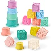 B. toys Soft Baby Blocks &amp; Stacking Drip Cups, Stackin' Squishies | 17-piece sensory baby toy set with soft blocks and drippy stacking cups featuring numbers, shapes and animals, 6+ Months