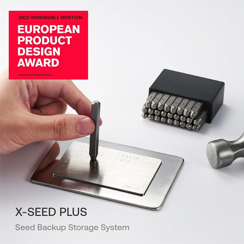 – XSEED Plus - Placas de aço para armazenamento criptográfico seguro de carteiras de Bitcoin (conjunto de punção de aço incluído) compatíveis com carteiras de hardware SecuX, Ledger e Trezor