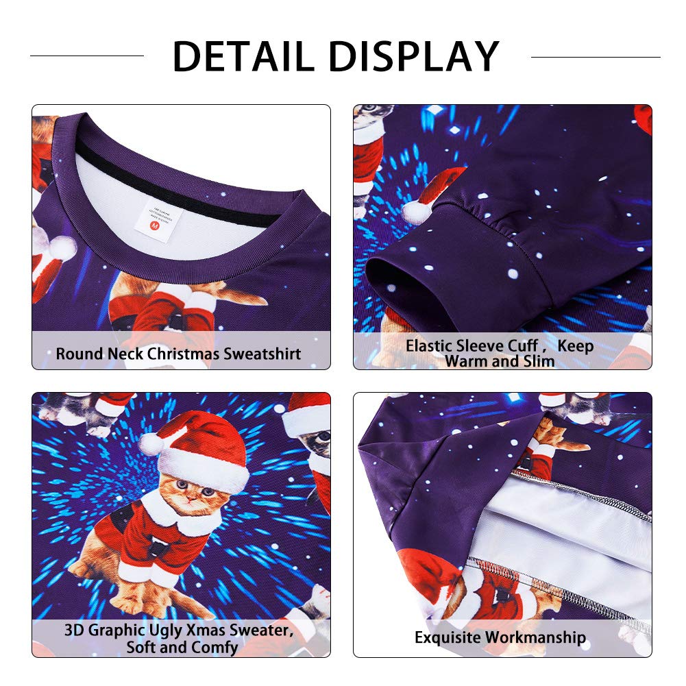 Bro Male Female Ugly Christmas Sweater 3D Pattern Cats Novelty Sweatshirt Cozy Baggy Long Sleeve O Neck Jumpers for Teens Junior Boys Girls Family Office Sweater Contest Party Large