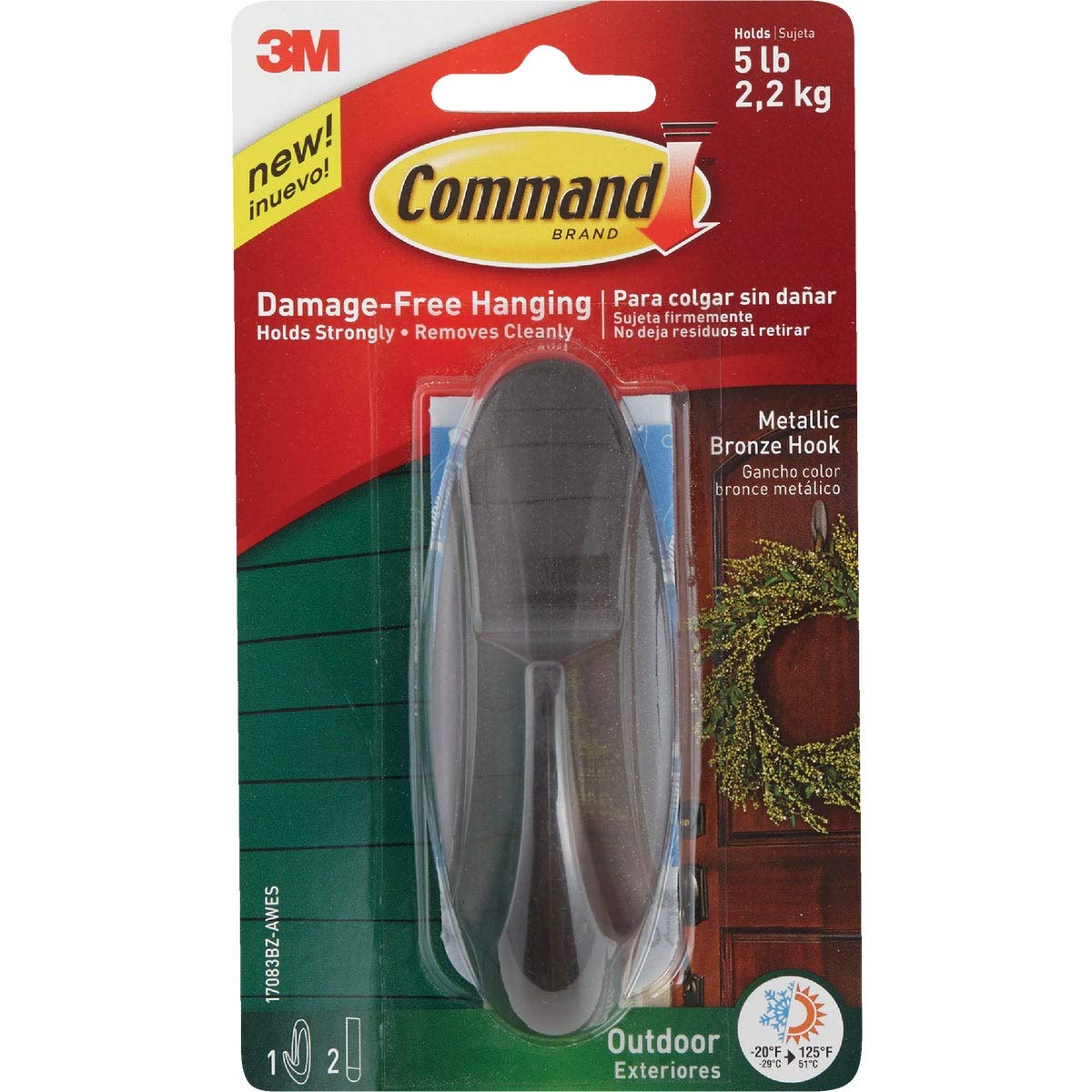 3M 17083BZ-AWES Command Outdoor Hook, Bronze Metallic, Large - Quantity 4