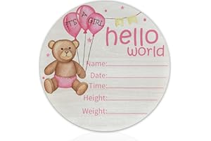 CLHHM Hello World Birth Announcement 6" Round Birch Wood Newborn Sign for Nursery Hospital & Baby Shower, Personalized Baby Name Plaque, Keepsake Décor Gift for New Parents (Pink Bear)