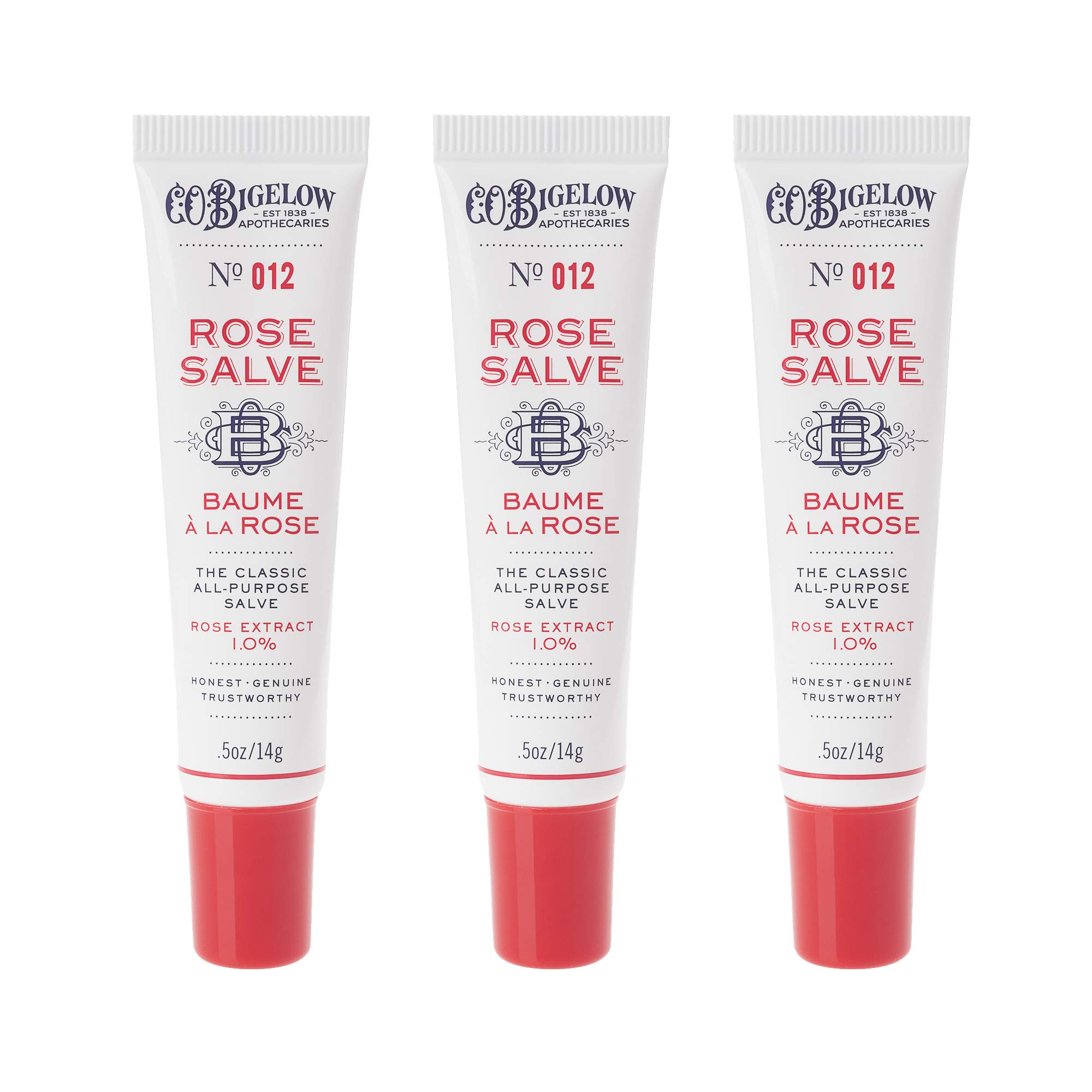 C.O. Bigelow Rose Salve Tubes, Pack of 3 Lip Balm Tubes, All Purpose Salve for Lips, Cuticles, Hands & Dry Skin, Lip Balm Set, 0.5 oz