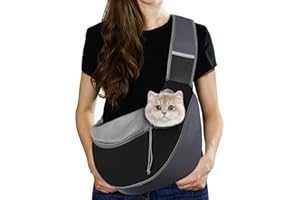 Pawaboo Pet Dog Sling Carrier, Hand Free Drawstring Dog Papoose with Adjustable Strap, Breathable Mesh Bag for Puppy Cat, Crossbody Satchel Dog Purse with Pocket for Outdoor, Dark Gray+Black, Small