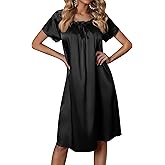 Ekouaer Women's Satin Silk Pleated Nightgown Loose Sleepwear Printed Nightshirt Short Sleeve Sleep Dress