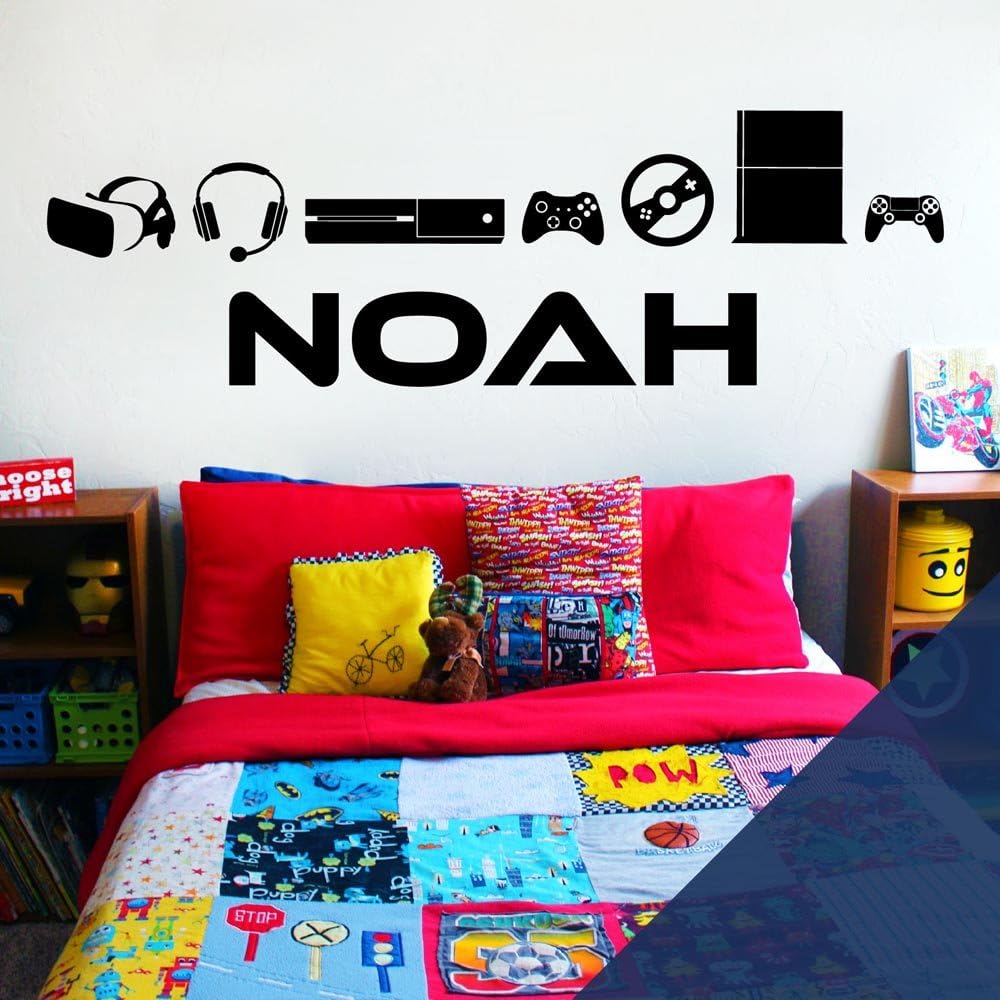 Personalised Name Boys Bedroom Wall Art Sticker - Gamers, Gaming, Game Consoles [Cobalt]