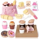 SIMPLIPLAY Wooden Bakery Playset Food Toys, Play Kitchen Accessories | 23pcs Wooden Pretend Play Food Sets for Kids with Cutting Toys and Shopping Bag for Kids Girls Boys Gift
