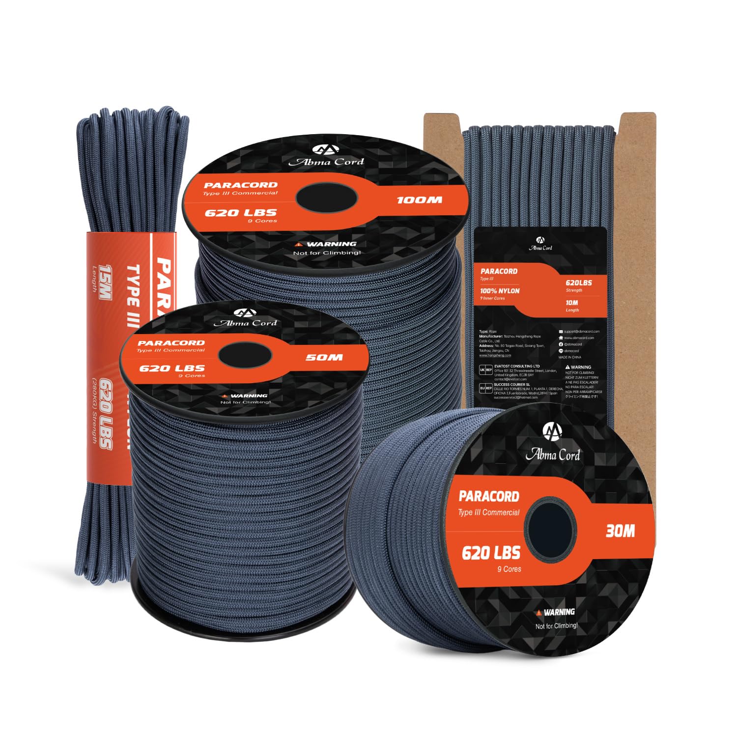 Abma Cord Paracord 4mm 15m 100% Nylon Rope 9 Strands Type III Parachute Cord for DIY, Camping, Survival, Outdoor - Max. 280kg - Navy Blue