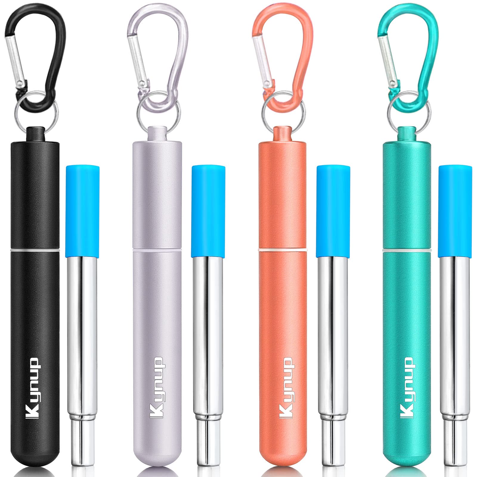 Kynup Reusable Metal Drinking Straw, 4 Pack Metal Collapsible Straw with Case, Keychain, Cleaning Brush, 6mm DIA, Length up to 23cm, Portable Travel Straw for Travel on the Go(Black-Silver-Gold-Green)