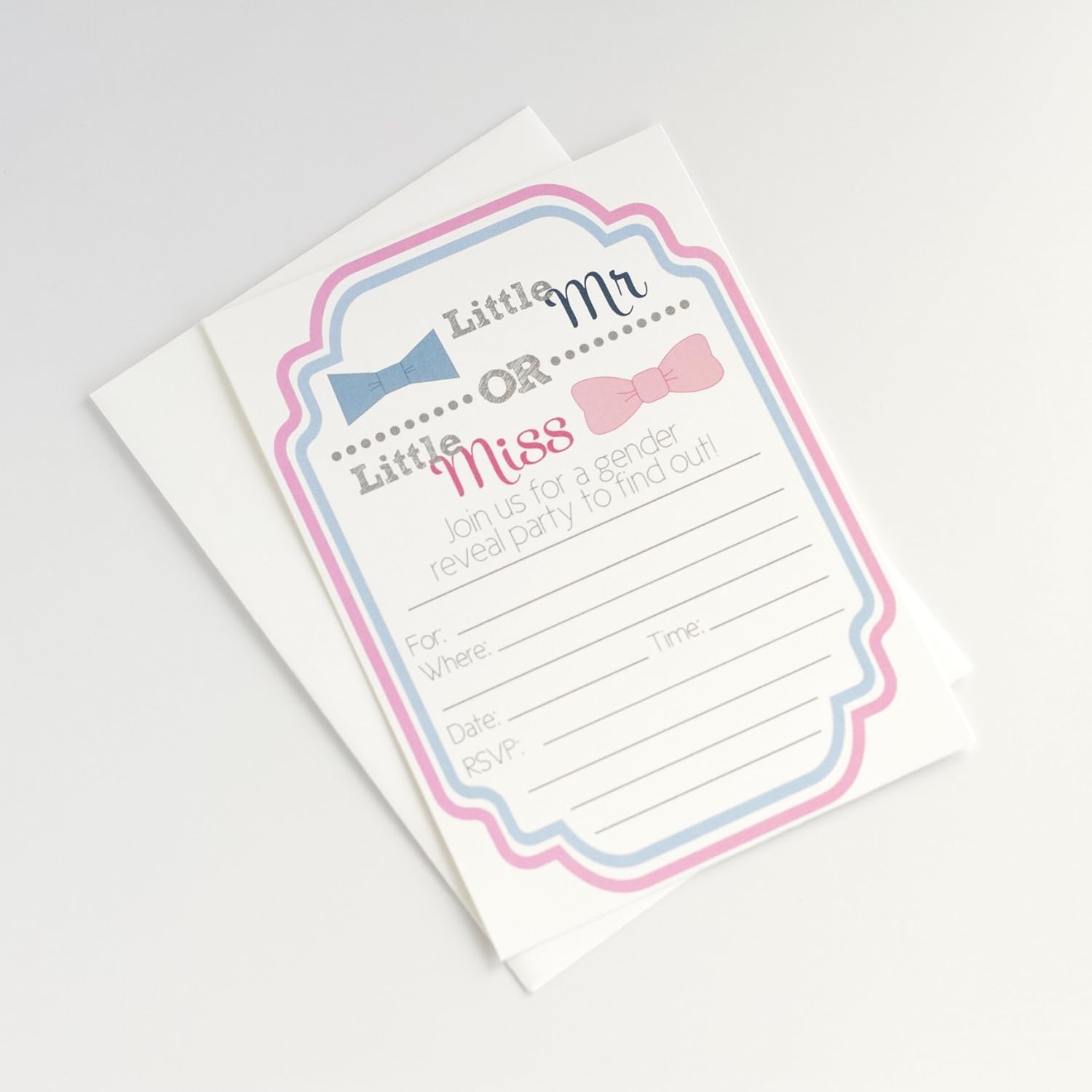 20 Gender Reveal Invitations, 5x7 Size with Envelopes