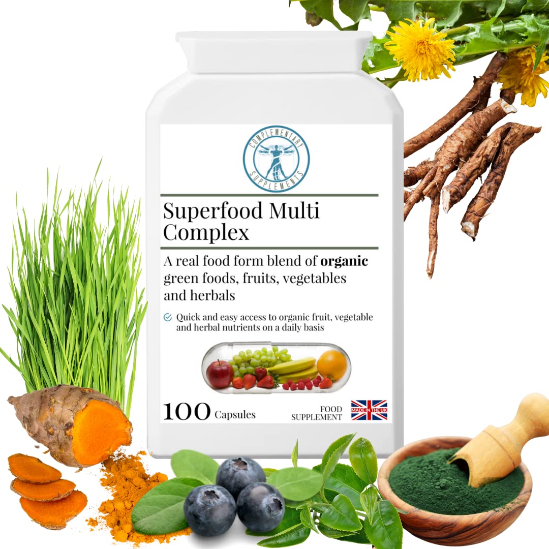 Complementary Supplements - Organic Superfood Multi Complex - Wholefood Nutrition – Chlorella, Spirulina, Turmeric, Kelp, Organic Herbs, Vegetables, Fruits + Digestive Enzymes - 100 Capsules